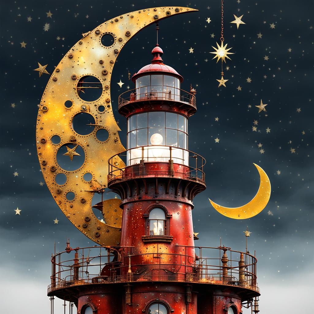 Scrappunk Steampunk Crescent Moon with Lighthouse