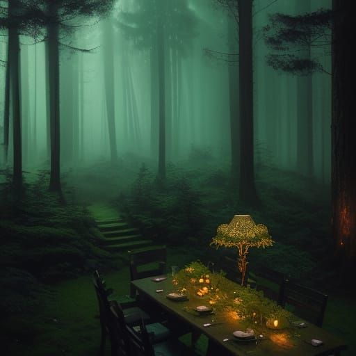 Enchanted Forest Cafe With Glowing Flora