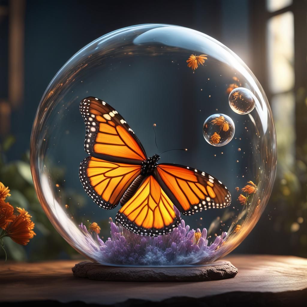 A hyper realistic monarch butterfly in a glass bubble
