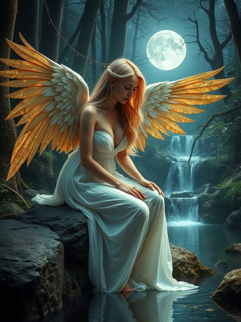 Fallen Angel in Moonlit Forest, Hyperrealistic Fantasy Art