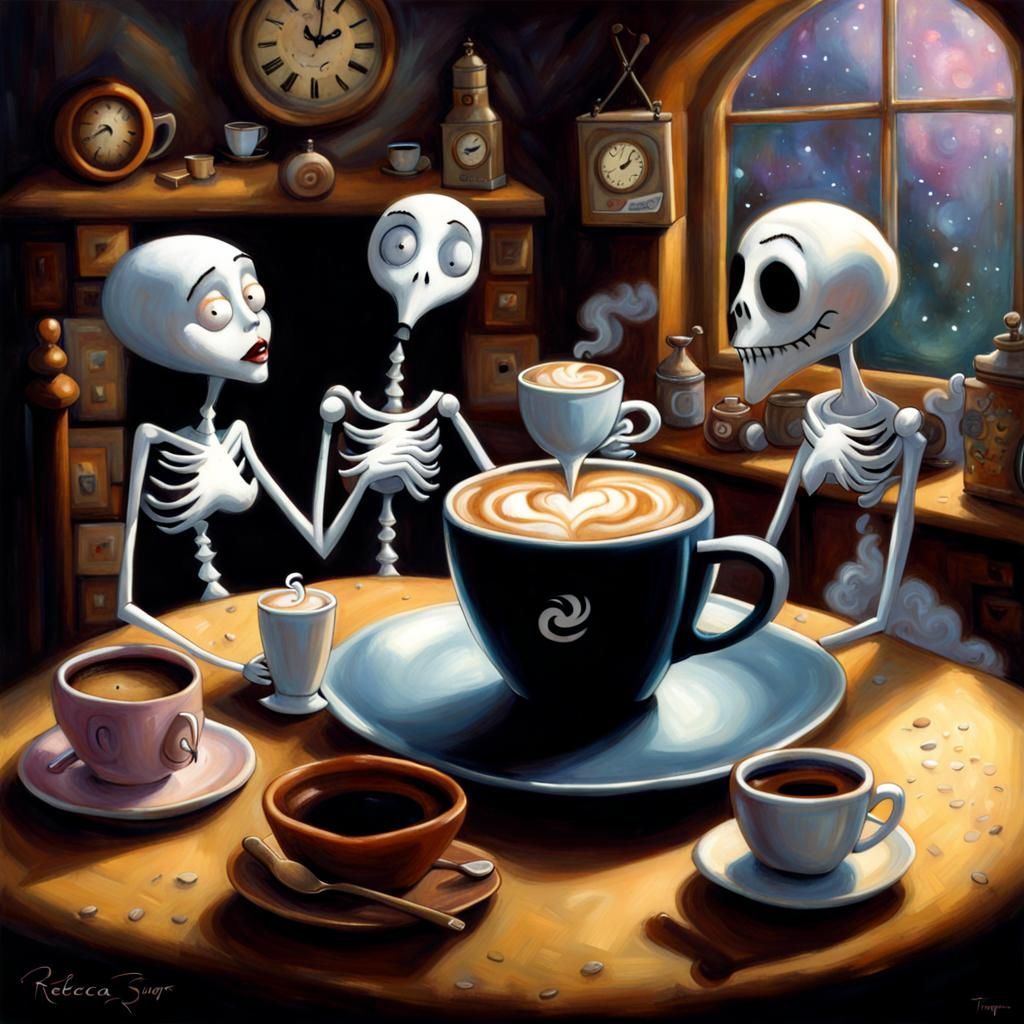Whimsical Coffee Scene in Mixed Styles