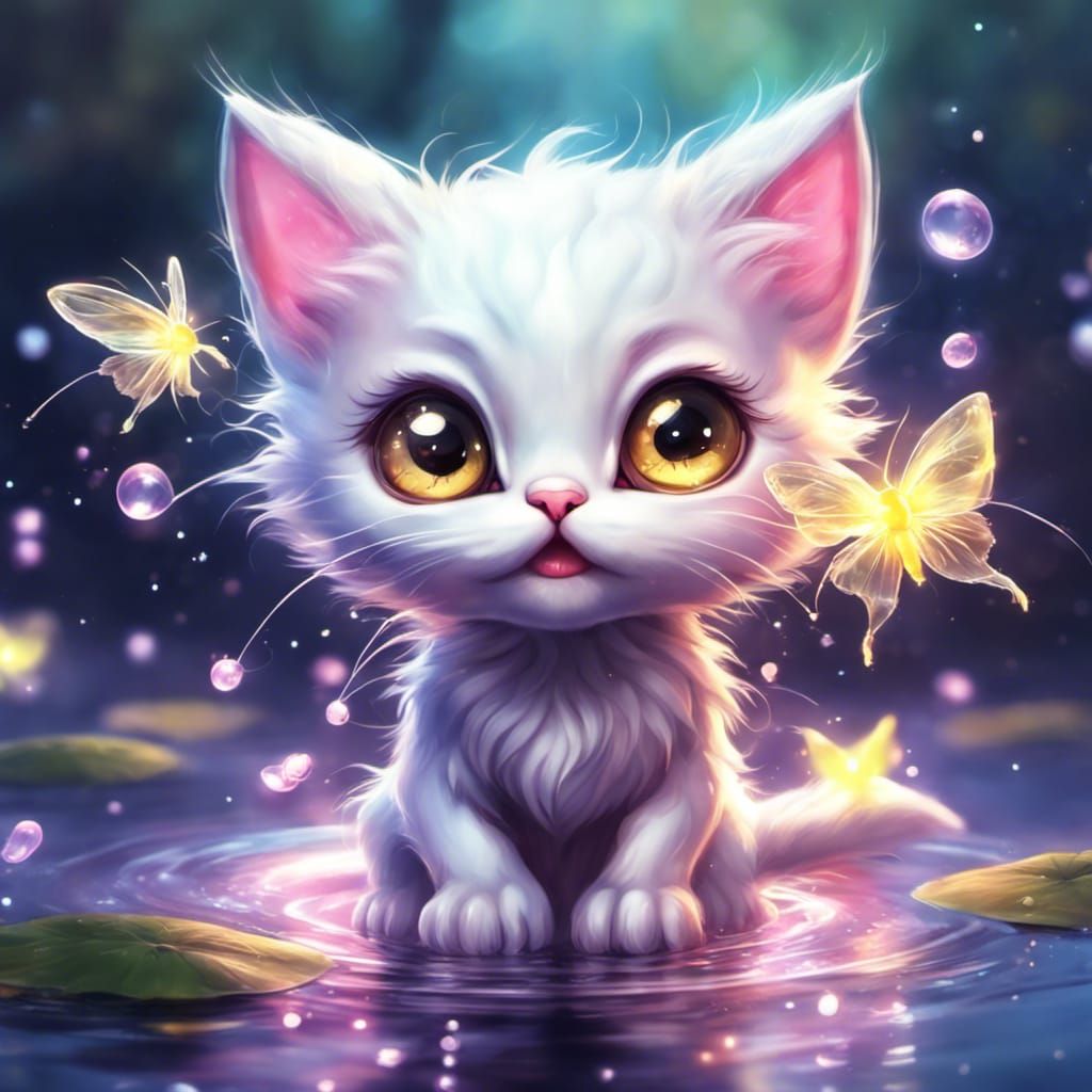 Enchanted Chibi Kitten with Fireflies