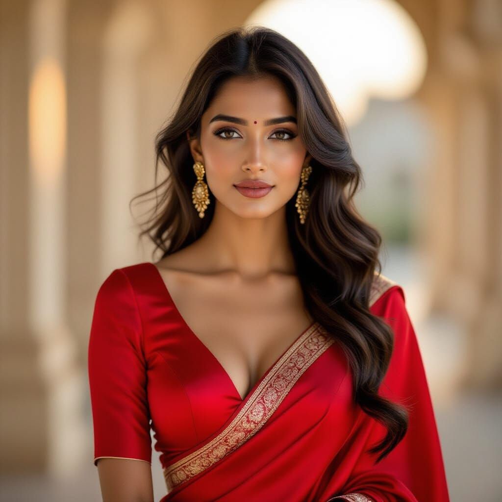 Indian Woman in Crimson Saree with Deep V-Neck Blouse