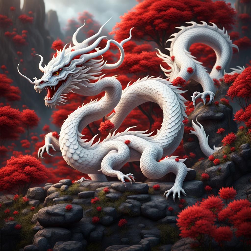 White Chinese Dragon with Red Flowers