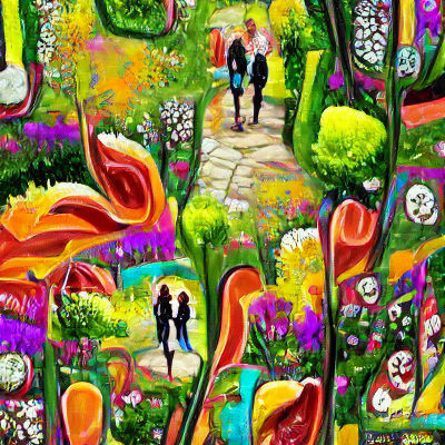 Couple Walking in a Lush Flower Garden