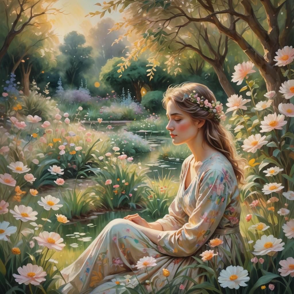 Woman in Serene Garden: Surreal Impressionist Painting