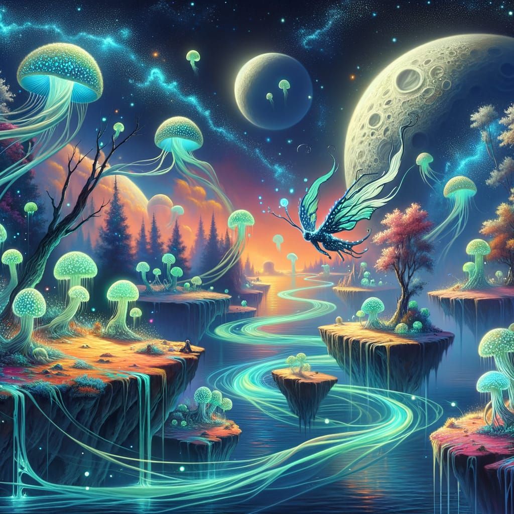Surreal Dreamscape: Moonlight Rivers, Floating Islands & Bio...
