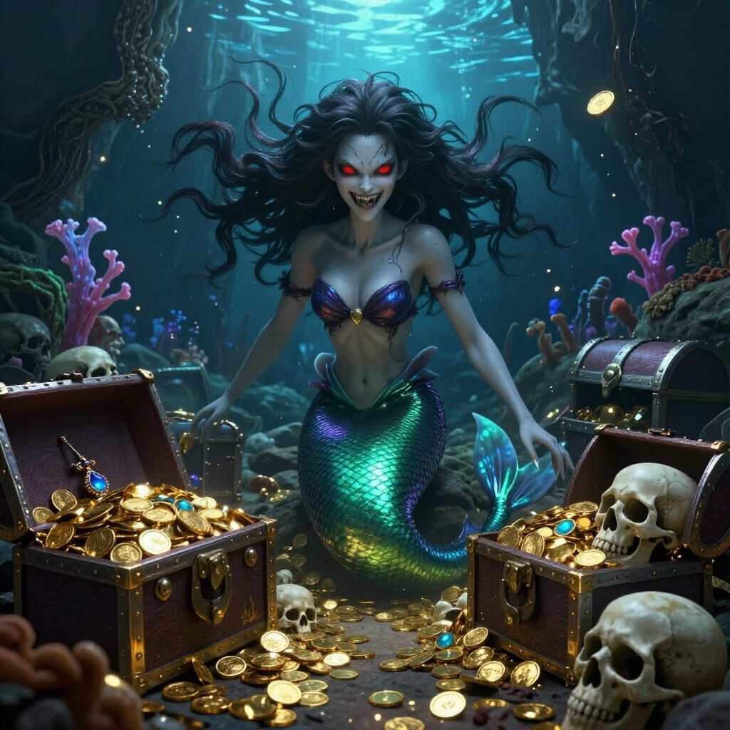 Evil Mermaid Guarding Treasure in Underwater Cavern