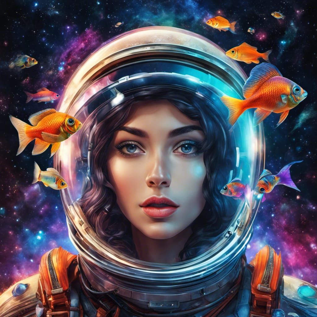 Woman in Spacesuit with Neon Fish Aquarium Helmet