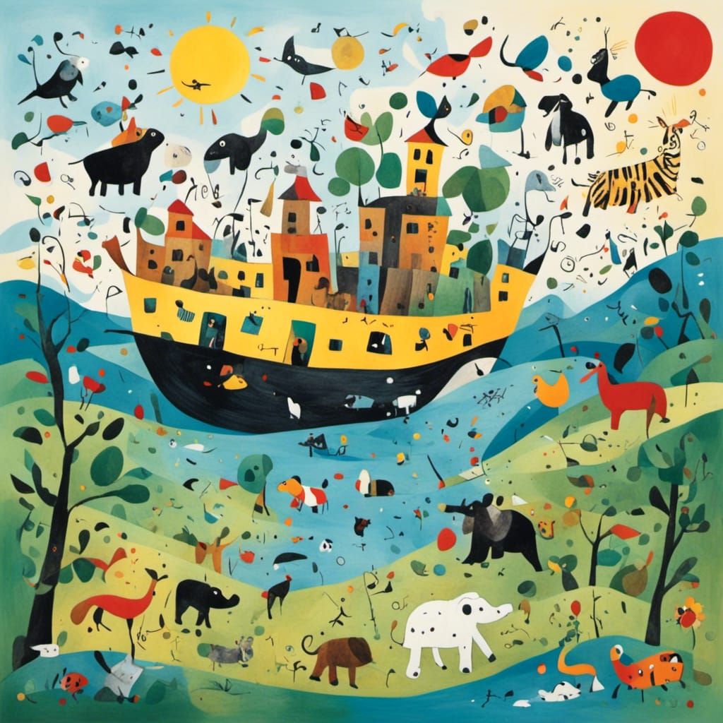 Animals Entering Noah's Ark in Miró Style
