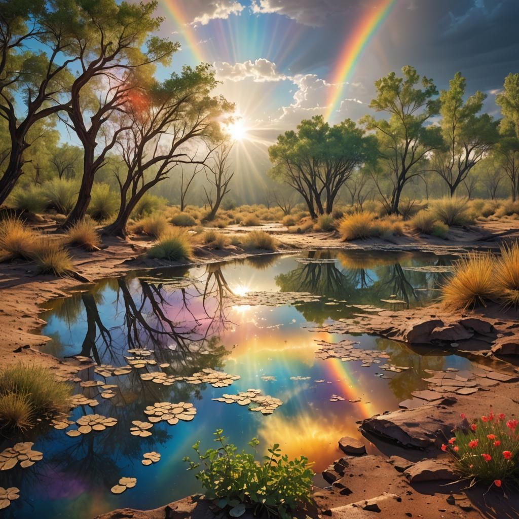 Rainbow Forest Reflected in Desert Pond