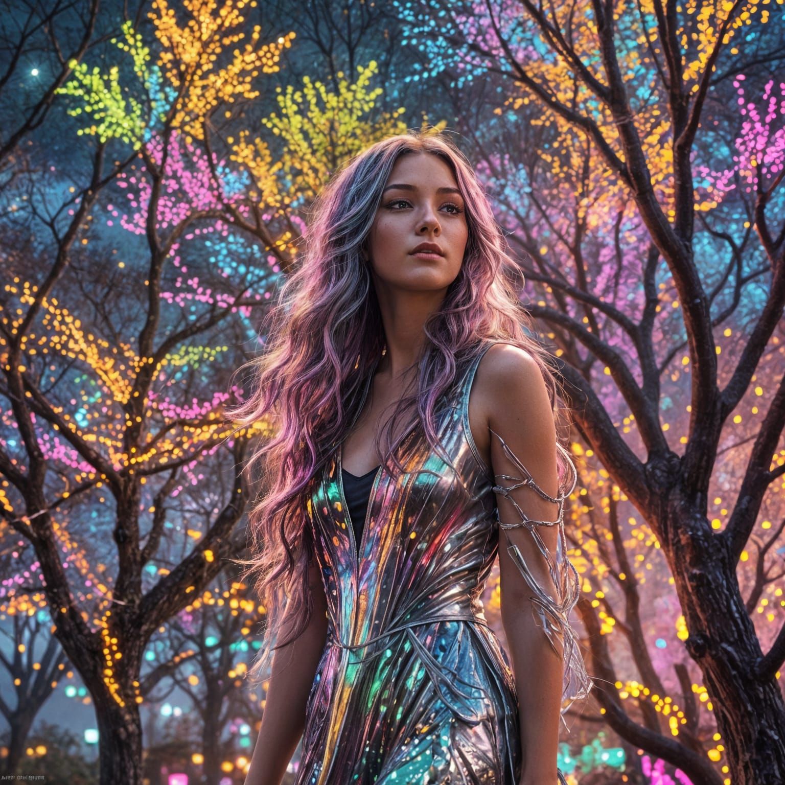 Rainbow Girl in Neon Forest: Fantasy Concept Art