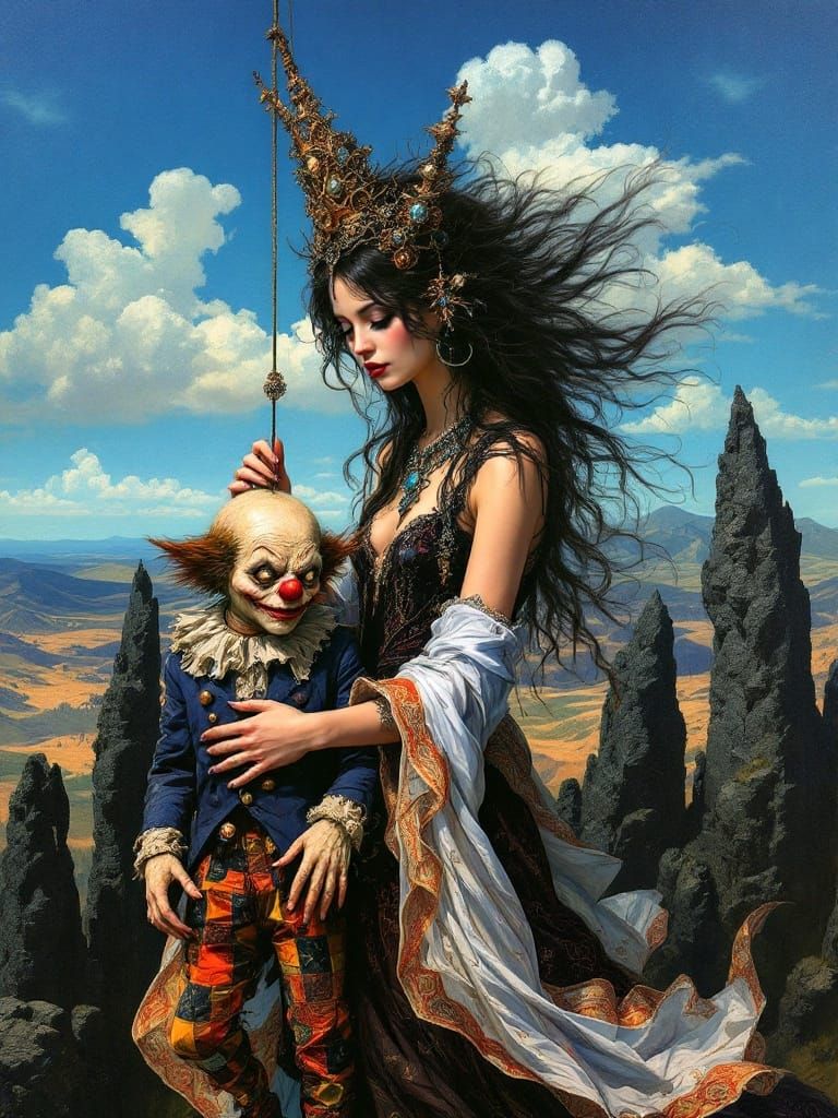 Surreal Symbolist Landscape: Enigmatic Woman and Grotesque C...