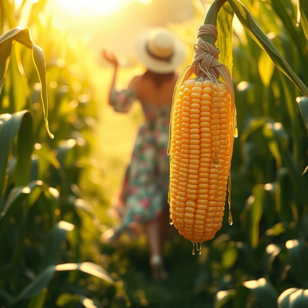 Sunlit Cornfield Scene with Dripping Oil, in Anime Style