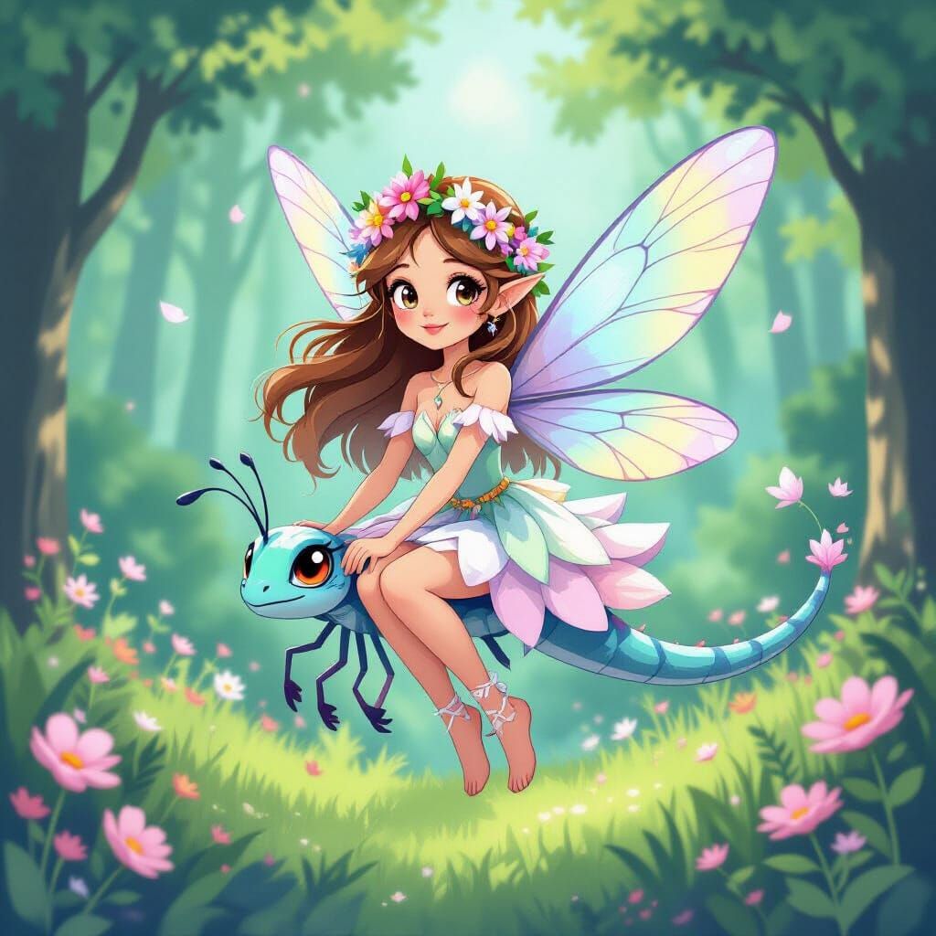 Fairy Rides Dragonfly in Ghibli-Inspired Forest