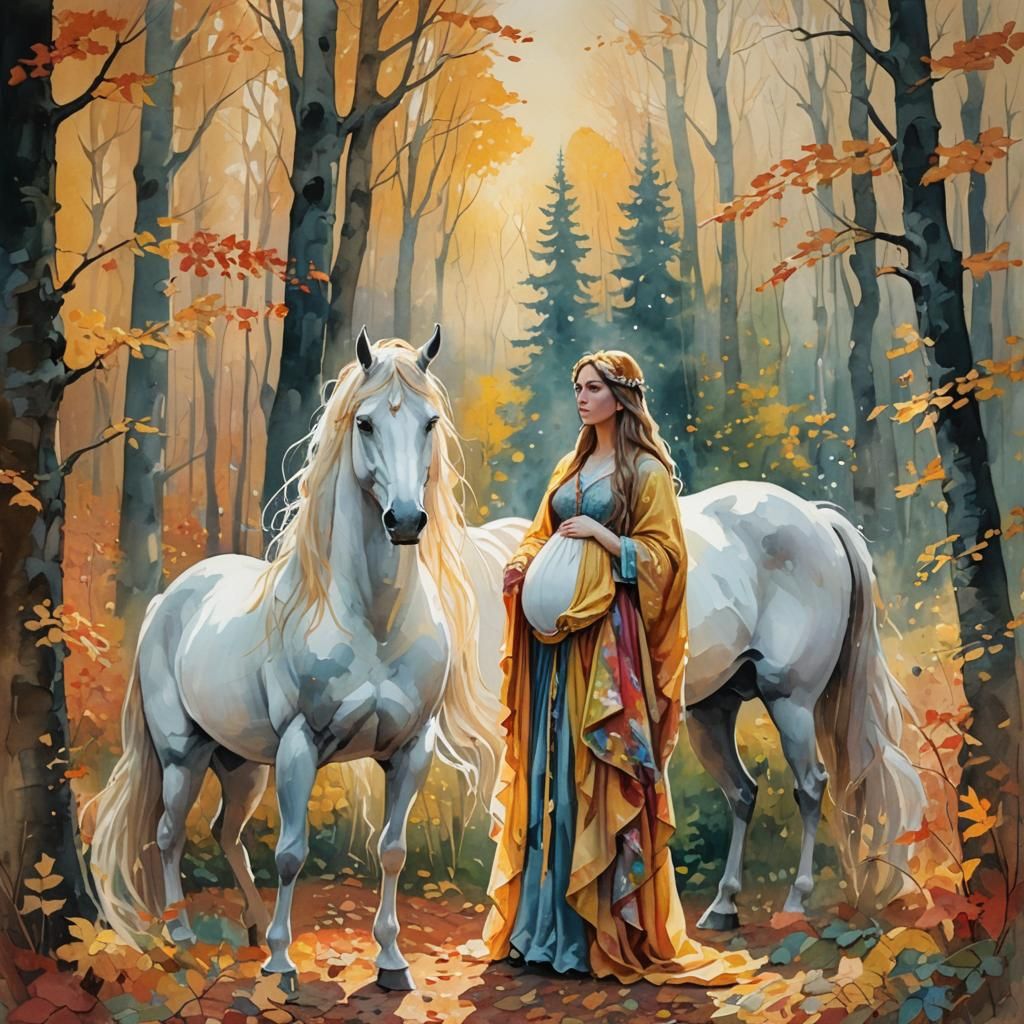 Pregnant Woman and Unicorn in Impressionist Gouache Style