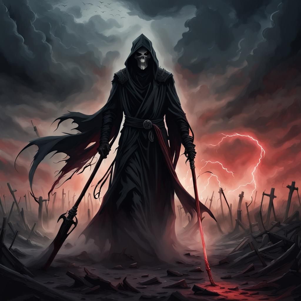 Grim Reaper on Desolate Battlefield in Dark Fantasy Art