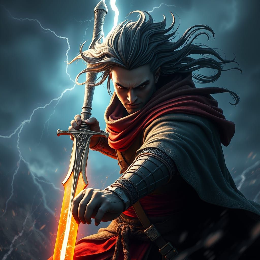 Epic Warrior Defies Stormy Night with Glowing Sword