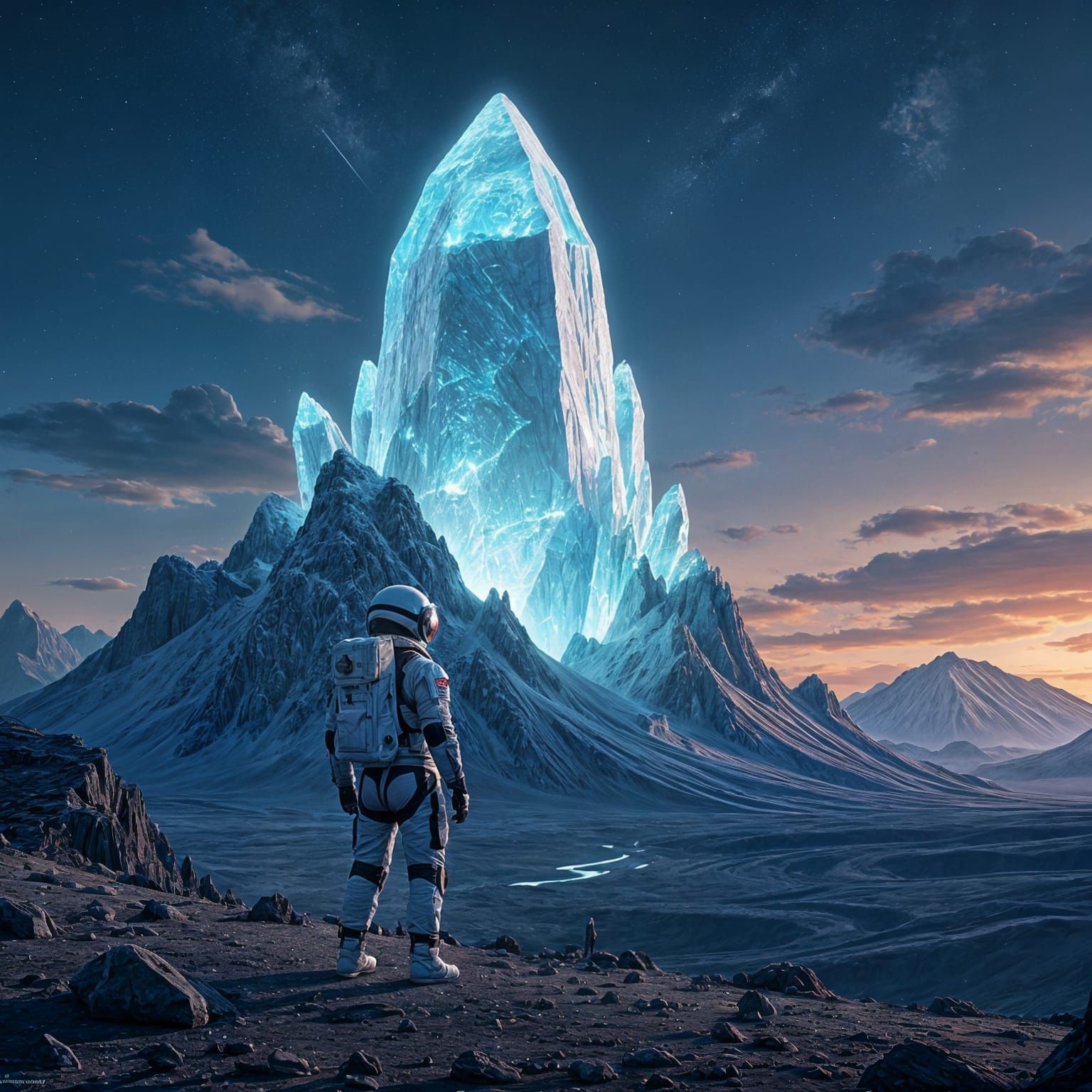 Astronaut and Glowing Crystal on Alien Planet