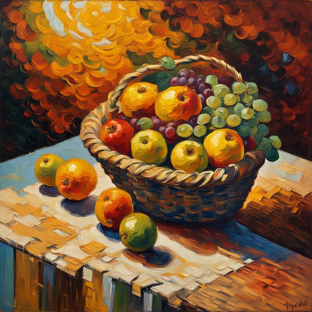 Vibrant Still Life Fruit Basket in Impasto Style