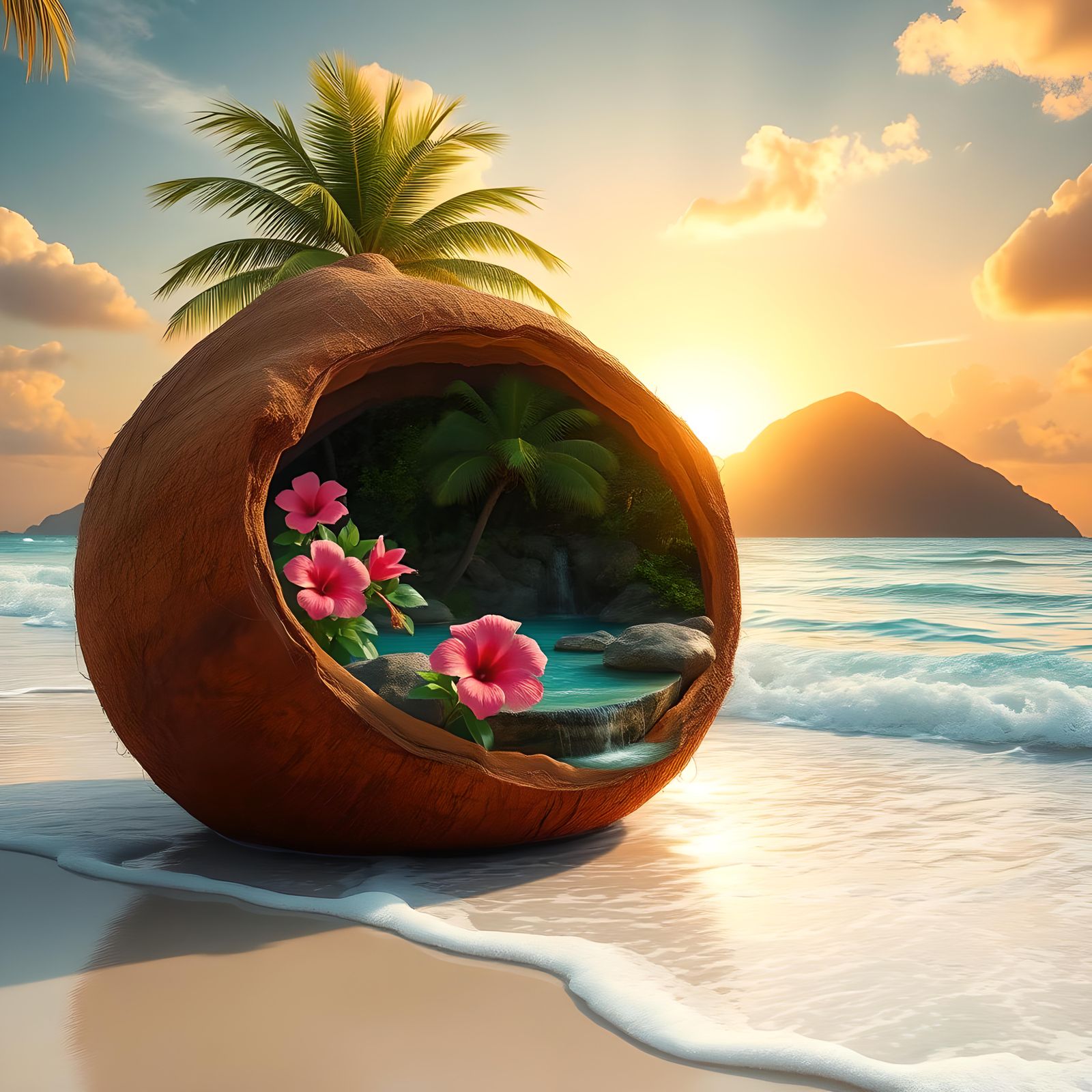 Tropical Island Inside a Coconut on a Beach