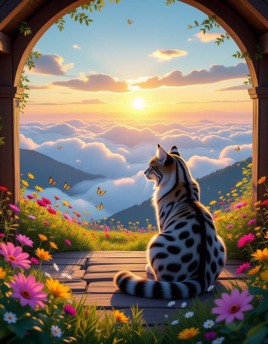 Majestic Big Cat in Magical Mountain Retreat at Sunset