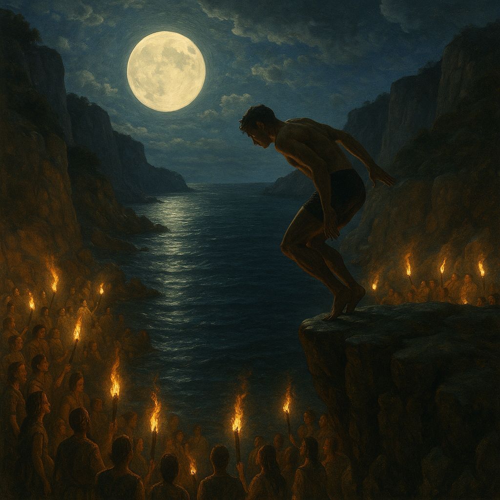 Man Dives from Moonlit Cliffs Amidst Torches