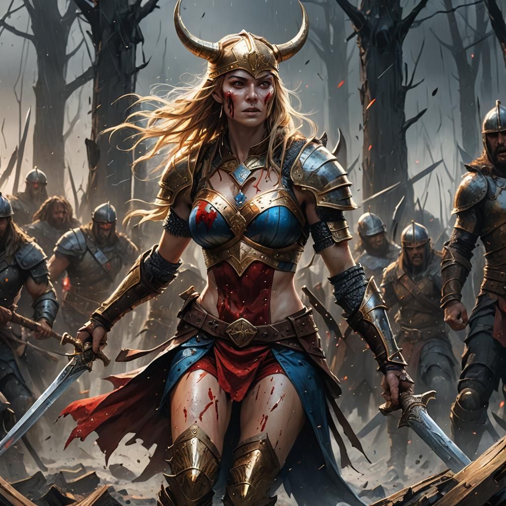 Viking Princess in Fiery Battlefield, Digital Art