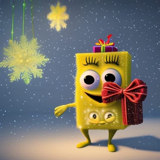 Cute Furry SpongeBob in a Christmas Gift Box
