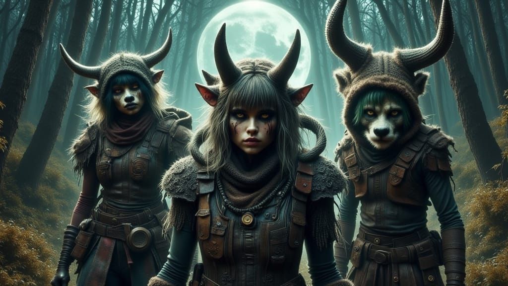 Fantasy Creatures in Moonlit Forest, Mystical Art