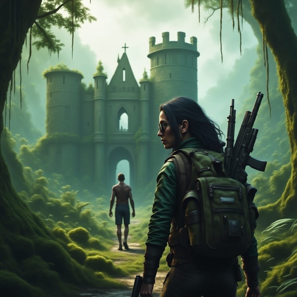 Woman Walking Through Forest with Guns