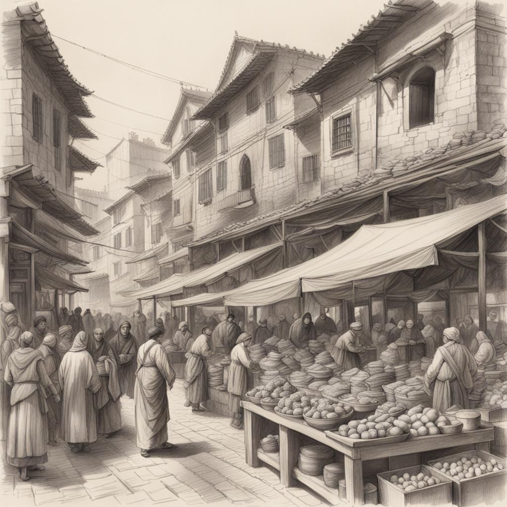 Bustling Marketplace in Detailed Pencil Sketch