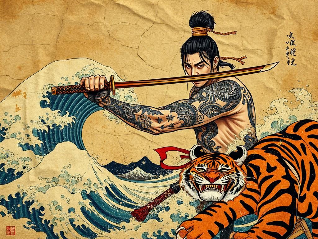 Samurai Drawing Sword in Japanese Art Style