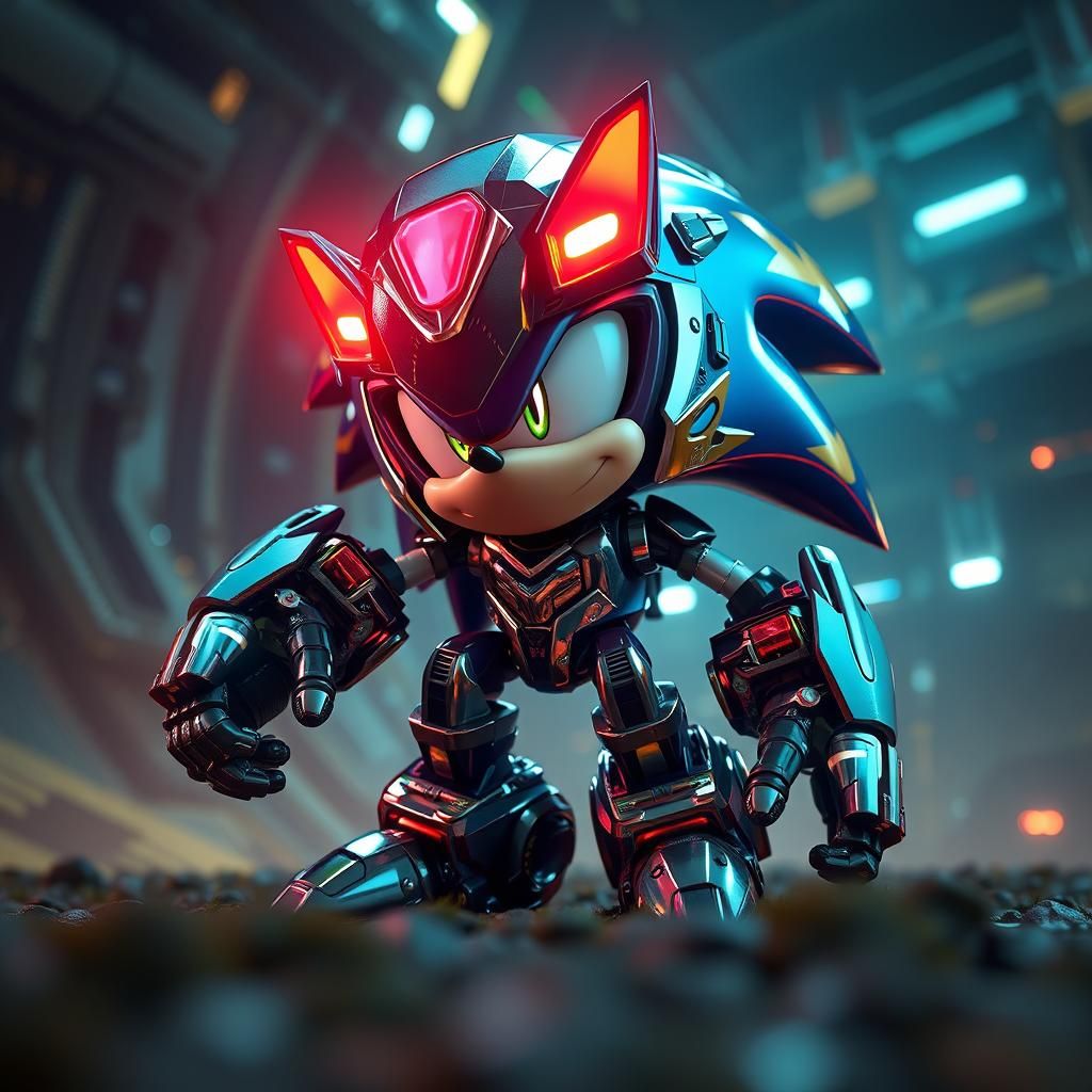 Futuristic Sonic Mech in Sci-Fi Cityscape