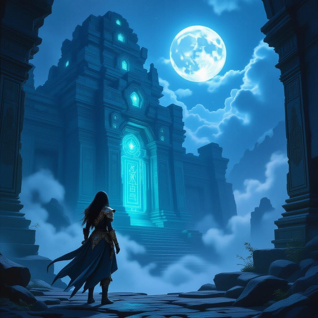 Adventurer at Ancient Ruin Under Ethereal Moonlight