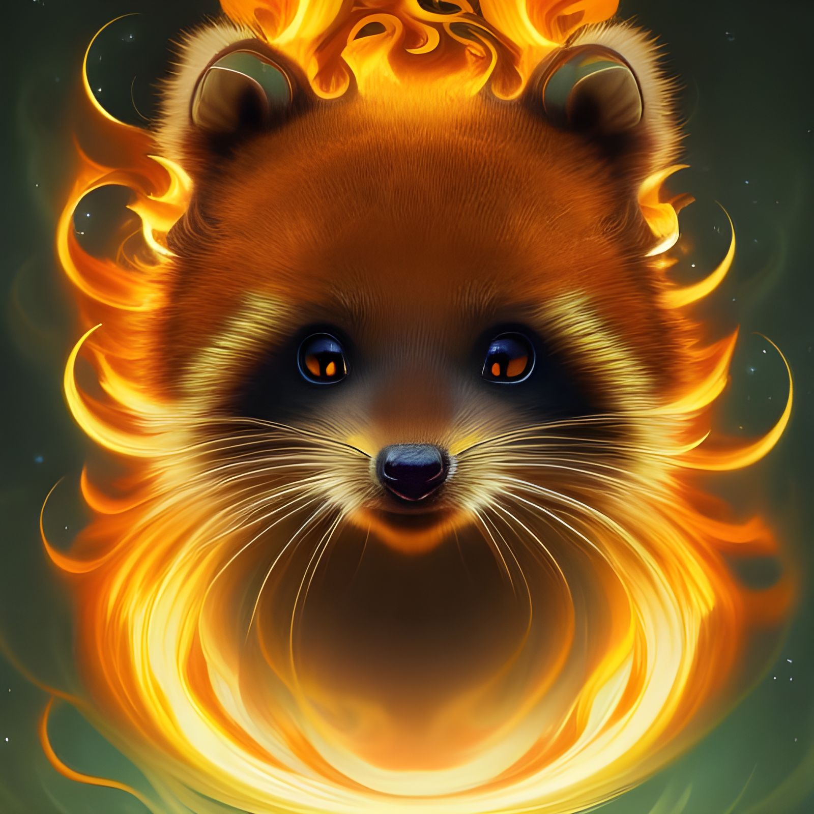 Fiery Kawaii Raccoon Goddess in Art Nouveau Style