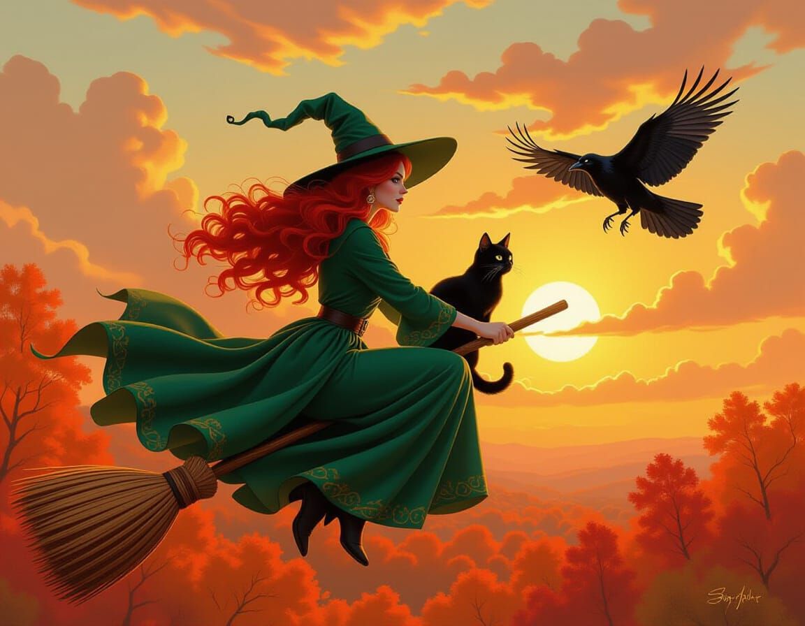 Witch Flying with Cat and Raven in Autumn Sky