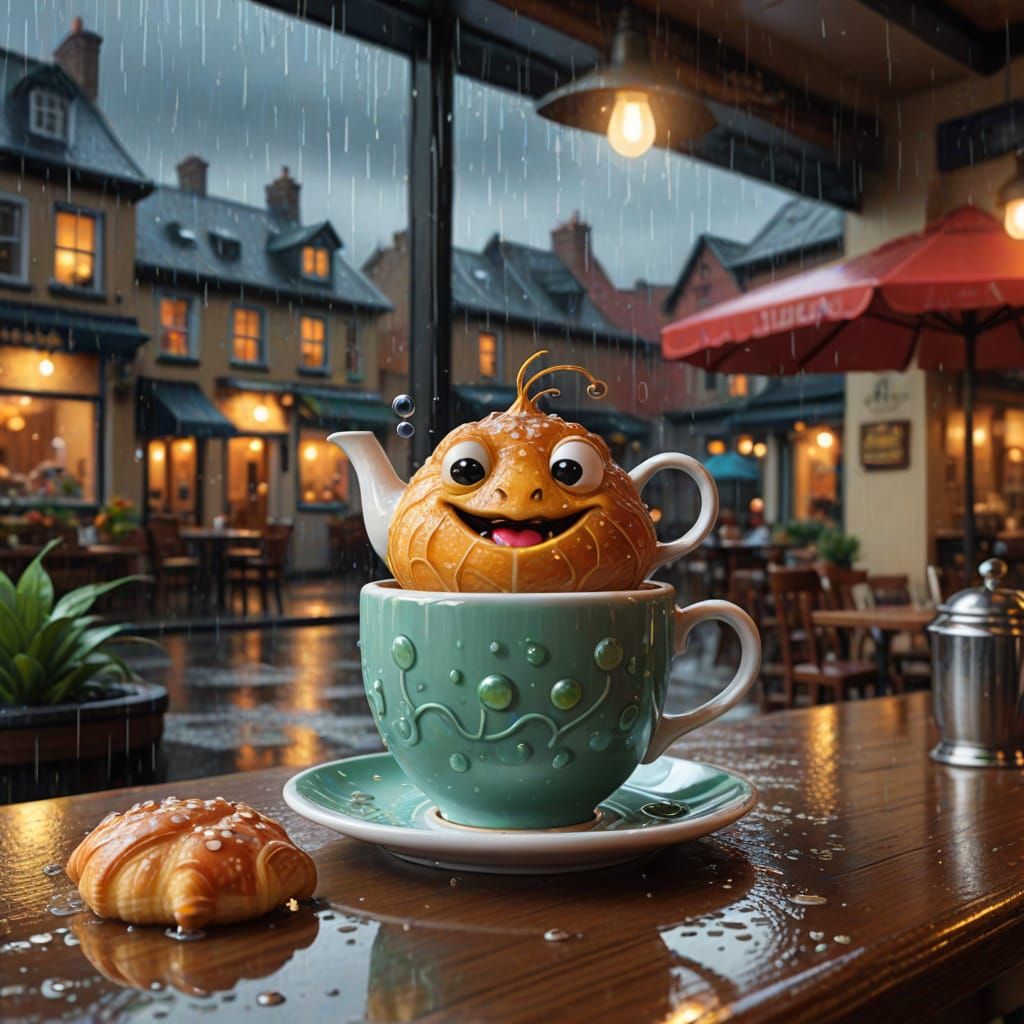Whimsical Teapot Character in Rainy Coffee Shop