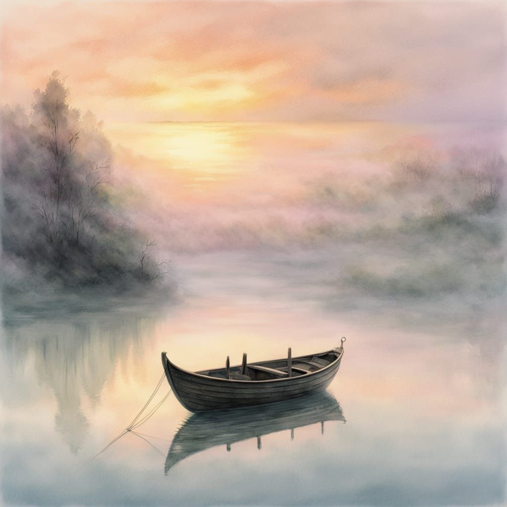Ethereal Dawn Mist Over Calm Lake With Wooden Boat