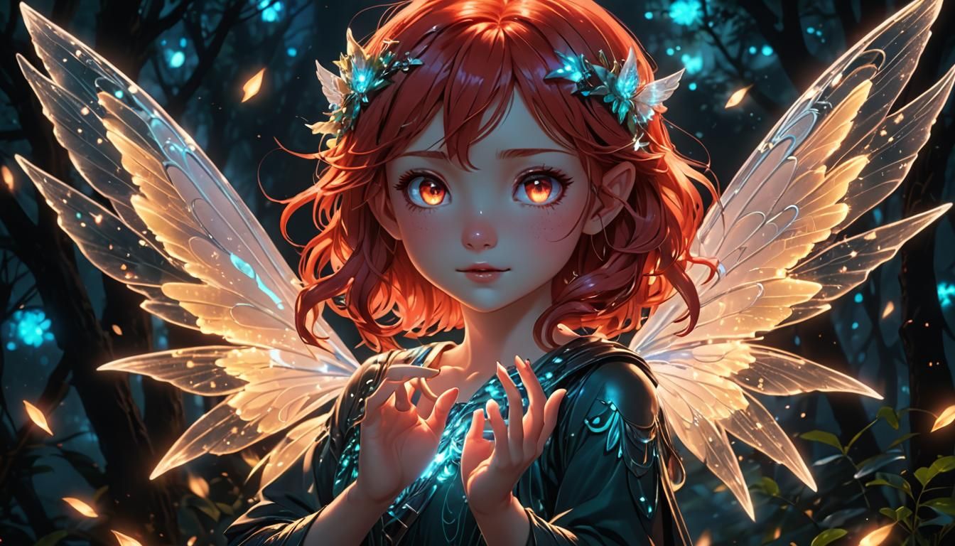 Anime Wind Fairy with Bioluminescent Red Hair