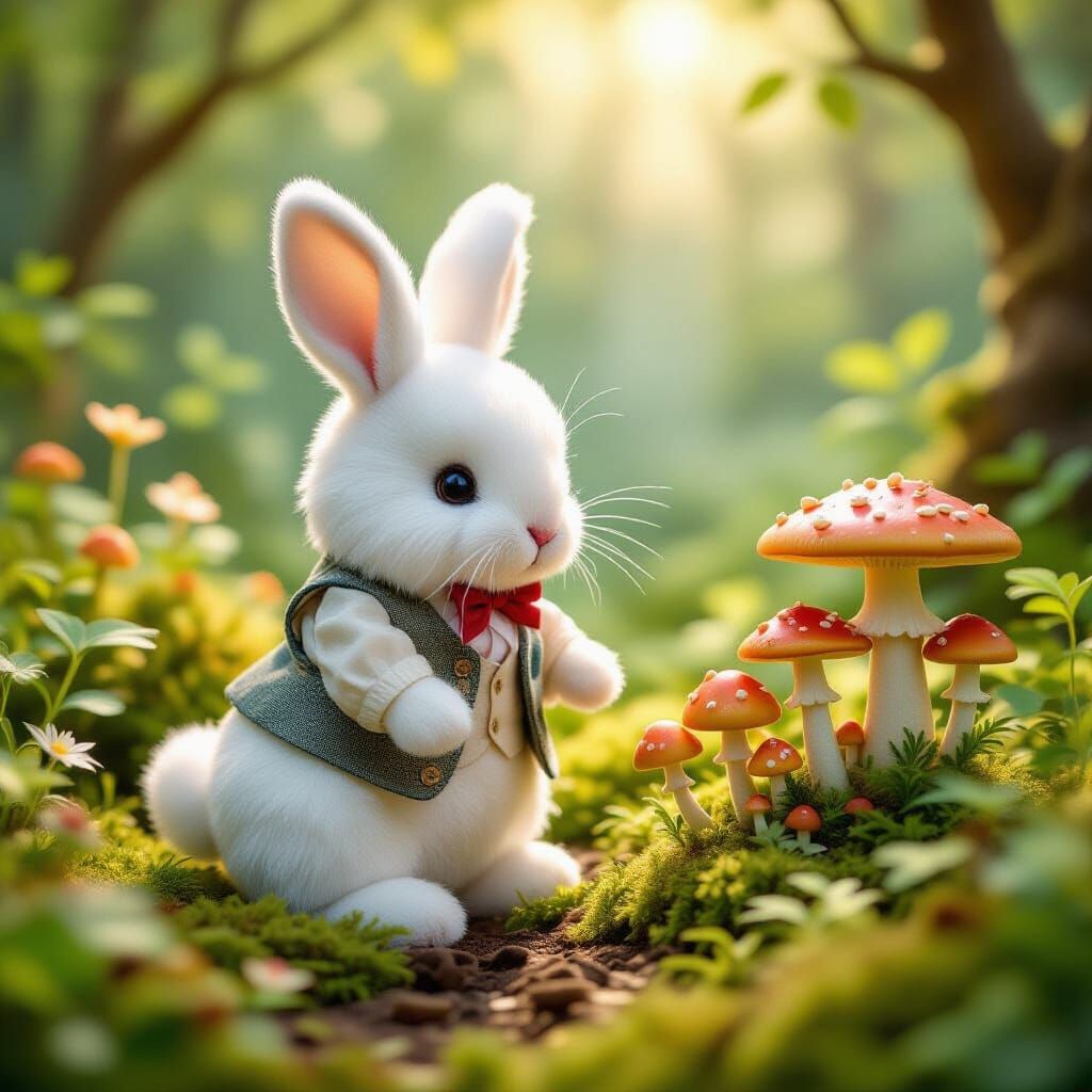 Fluffy Rabbit Plush Toy Tends Mushroom Garden in Enchanted F...