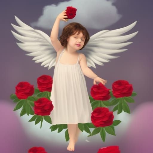 Angel on Rose Cloud Holding Flowers