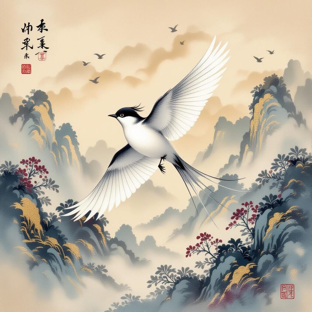Chinese Painting of Bird in Windswept Landscape