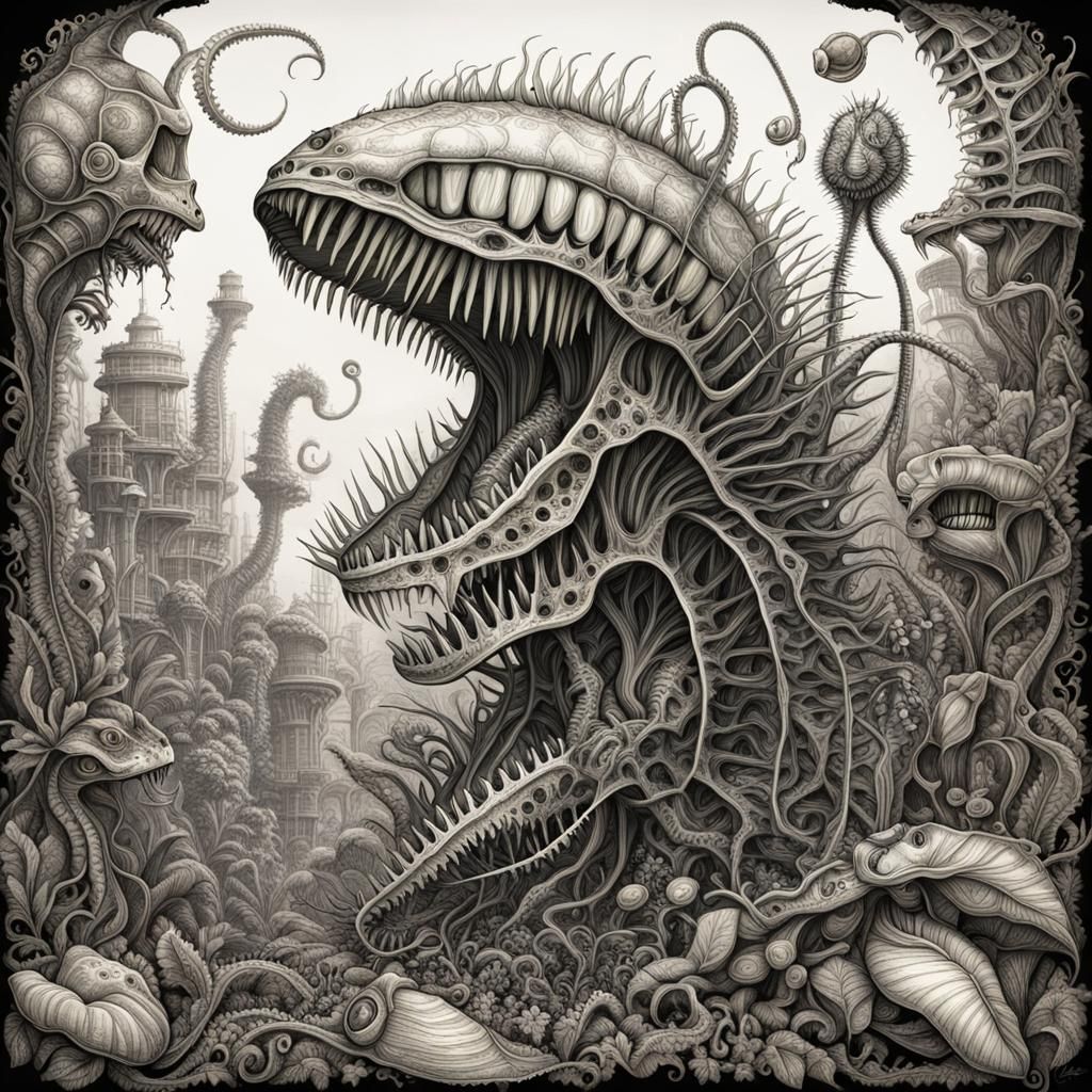 Biomechanical Venus Flytrap in Ink Drawing Style