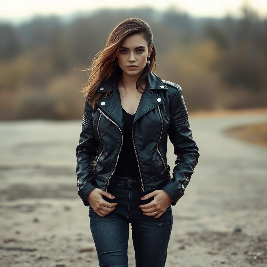 Confident Woman in Leather Jacket, Digital Art