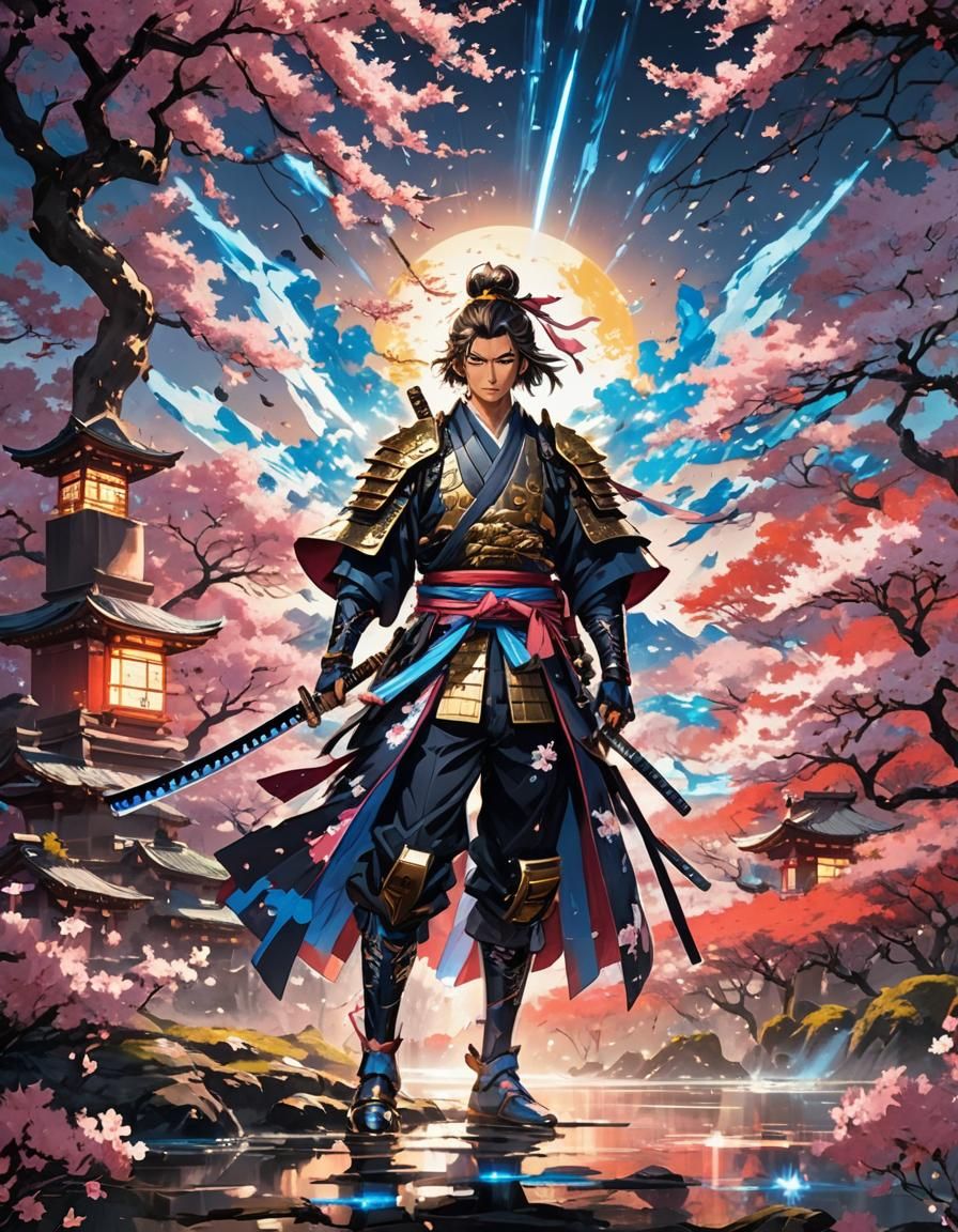 Heroic Samurai in Cherry Blossom Forest, Anime Style
