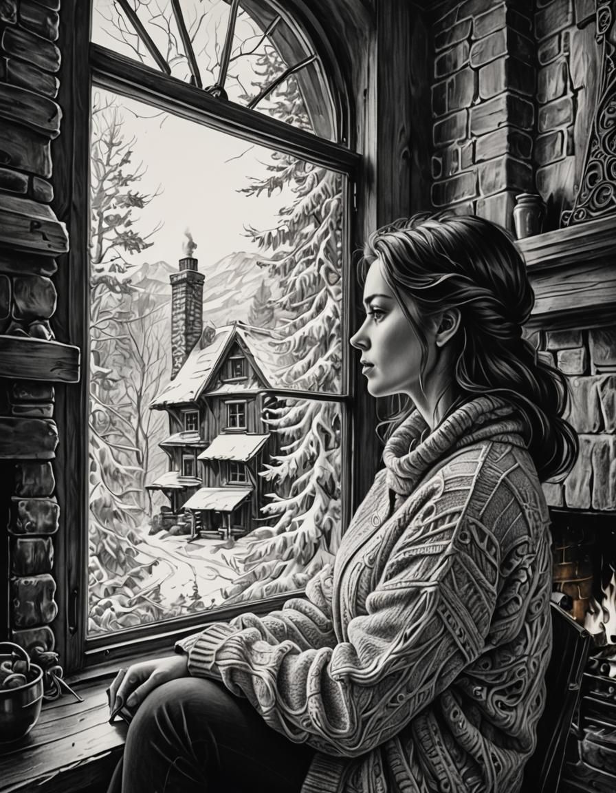 Cozy Winter Woman by Fireplace: Ballpoint Pen Art