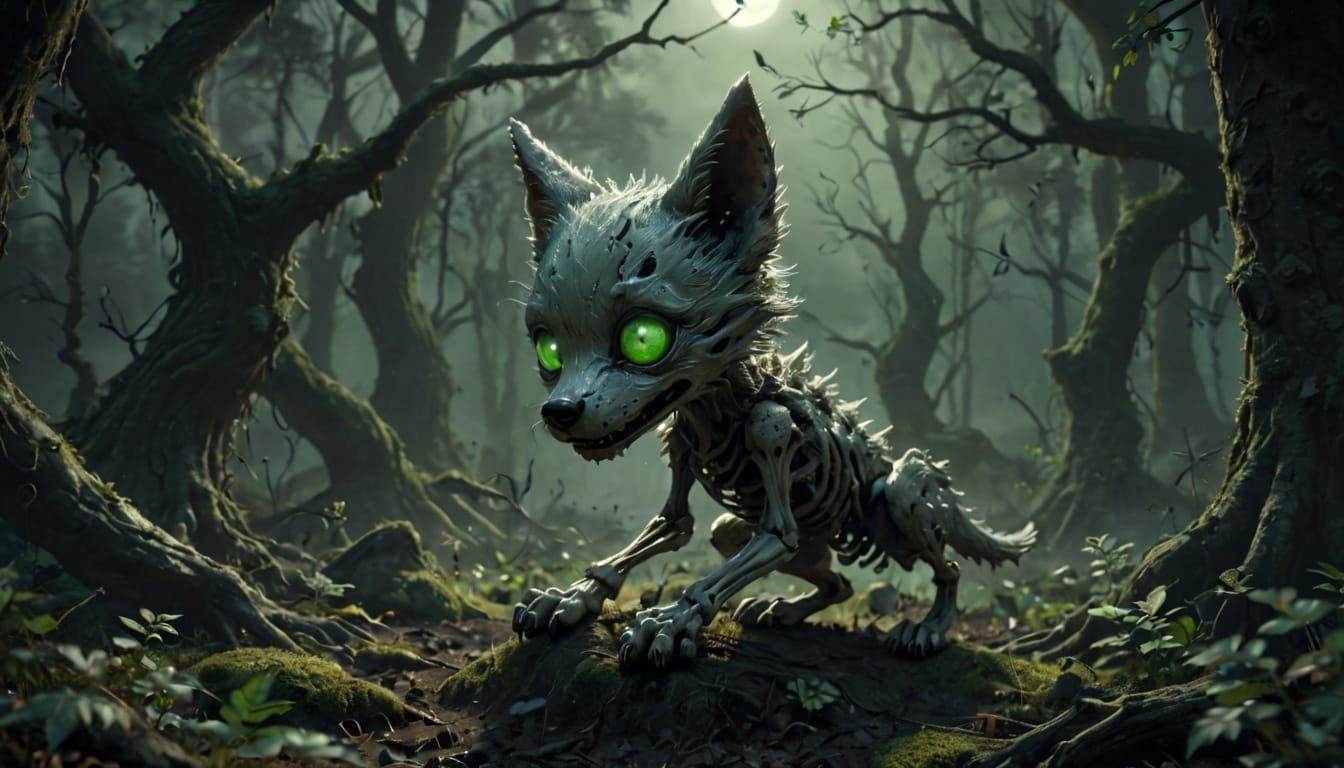 Cute Skeletal Wolf Pup in Eerie Forest