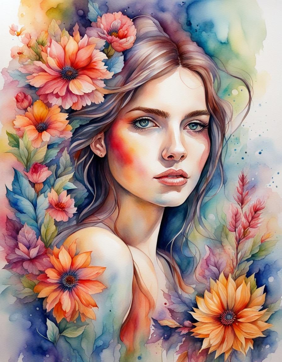Explore a floral artistic colorful portrait of a young woman, watercolor art, aquarelle, fantasy, mystical, ultra detail...