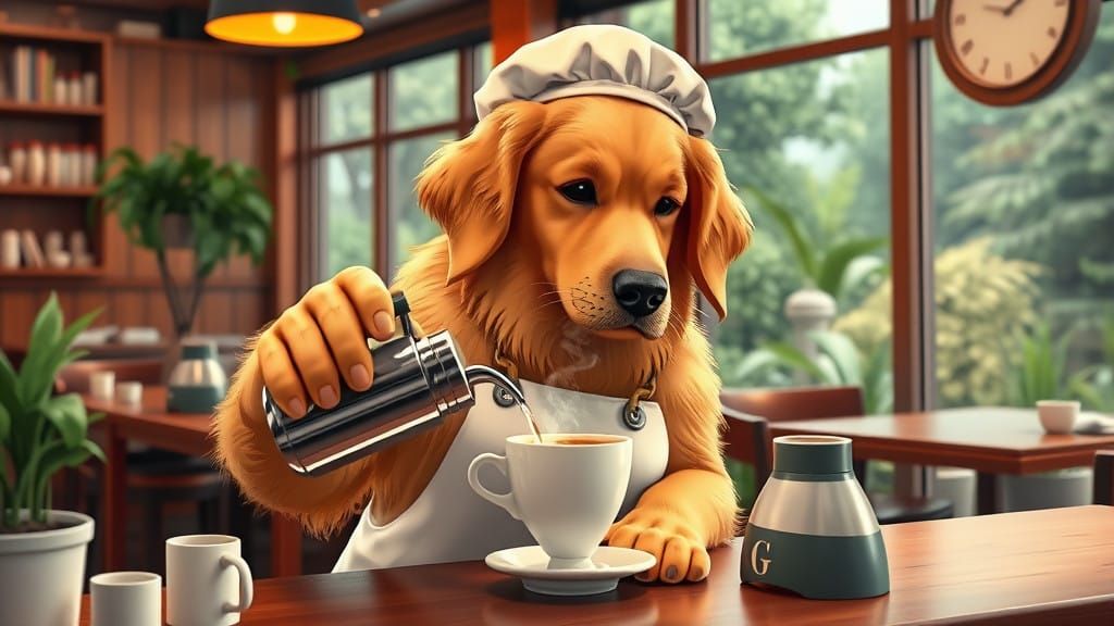 Golden Retriever Barista in Cozy Café Scene